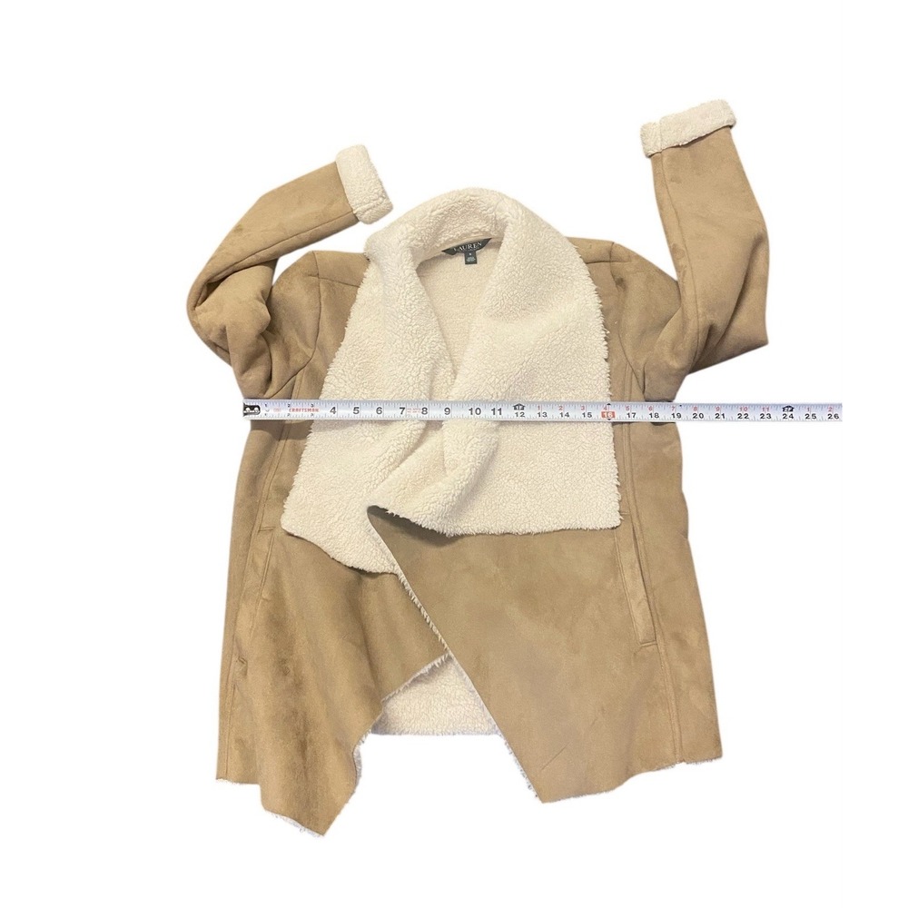Ralph Lauren Faux Suede Sherpa Fleece Draped Front Luxury Jacket Tan Beige Small - Picture 4 of 7